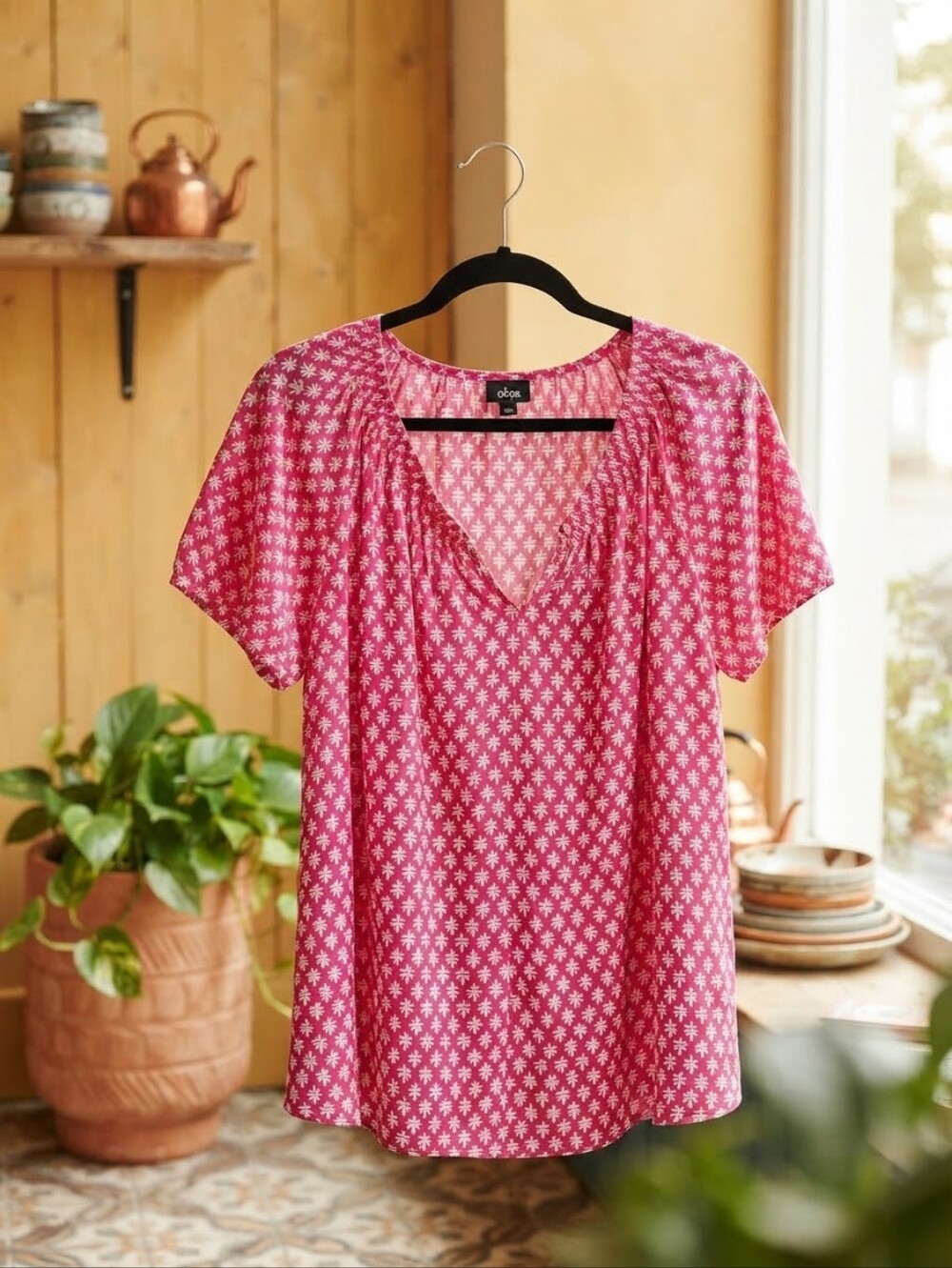 Eloquii Pink Floral Short-Sleeve Peasant Top